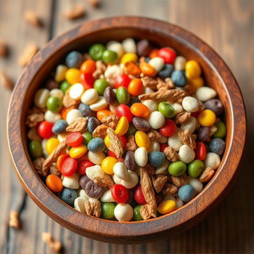 Colourful bird food mix in wooden bowl