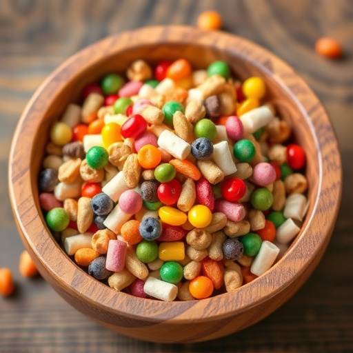 Colourful bird food mix in wooden bowl