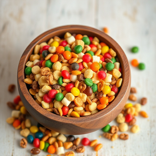 Colourful bird food mix in wooden bowl