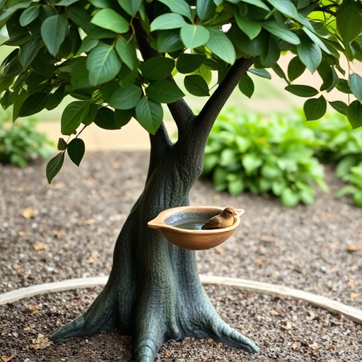 Decorative bird bath under leafy tree