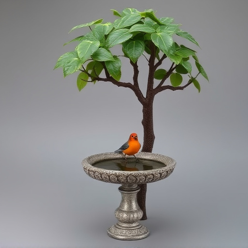 Decorative bird bath under leafy tree