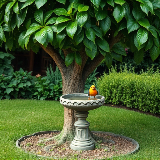 Decorative bird bath under leafy tree