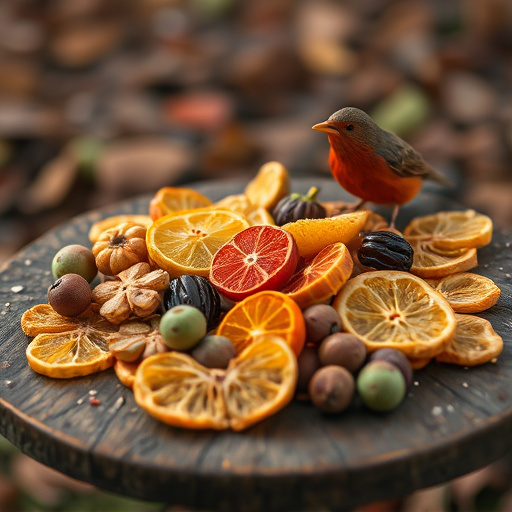 Dried fruits scattered on bird table