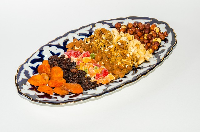 Dried fruits scattered on bird table