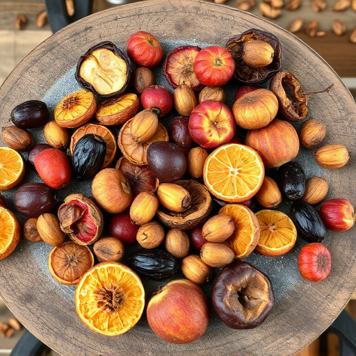 Dried fruits scattered on bird table