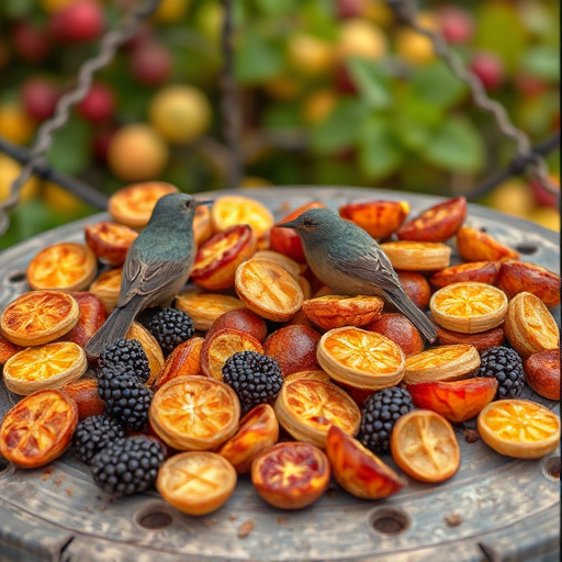 Dried fruits scattered on bird table