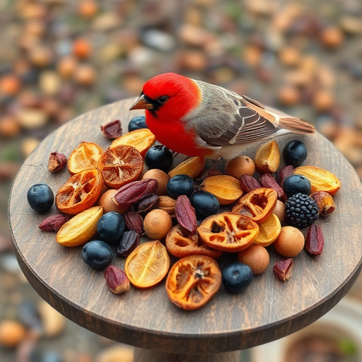 Dried fruits scattered on bird table