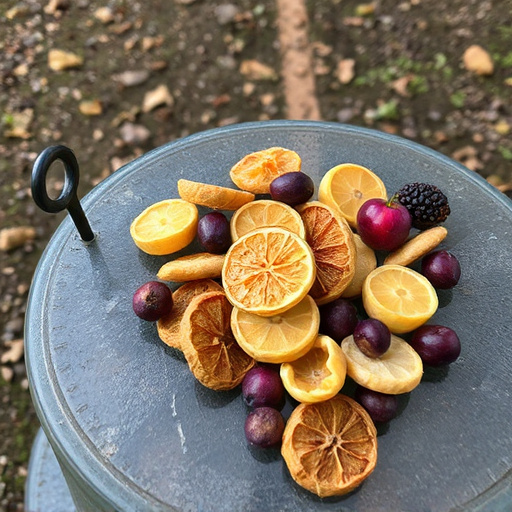 Dried fruits scattered on bird table