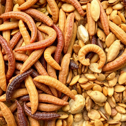 Dried mealworms next to seed mix