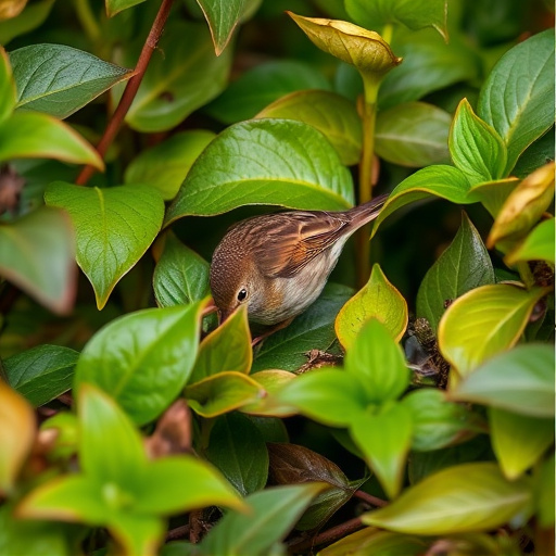 Dunnock hiding among garden leaves