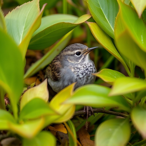 Dunnock hiding among garden leaves