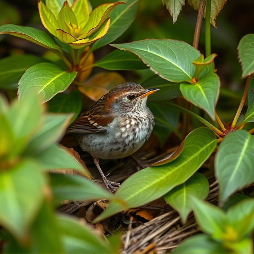 Dunnock hiding among garden leaves