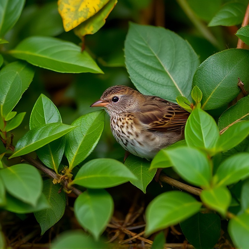 Dunnock hiding among garden leaves
