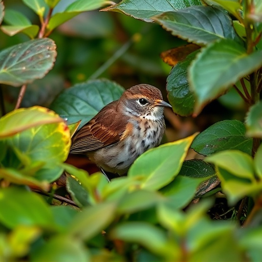 Dunnock hiding among garden leaves