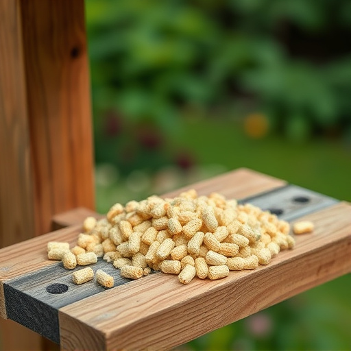 Fat pellets on wooden bird table
