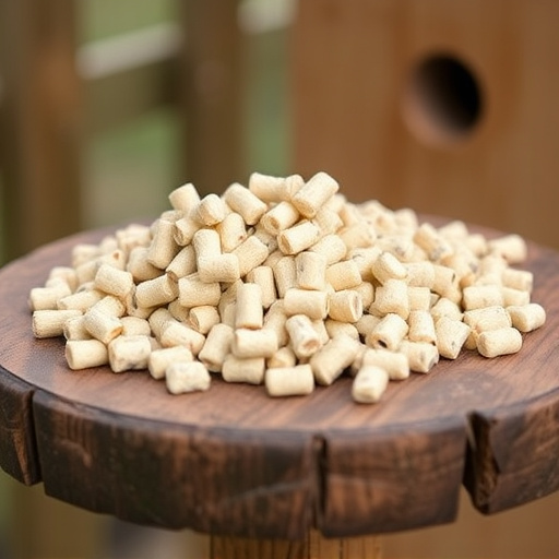 Fat pellets on wooden bird table