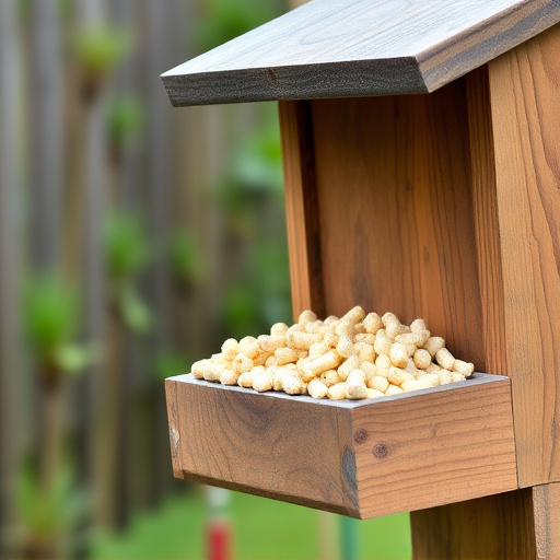 Fat pellets on wooden bird table