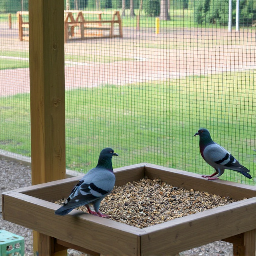 Feeding area with pigeon-proof features