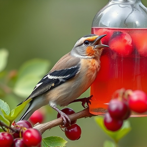 Finch perched beside berry-flavoured suet