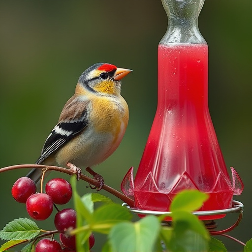 Finch perched beside berry-flavoured suet