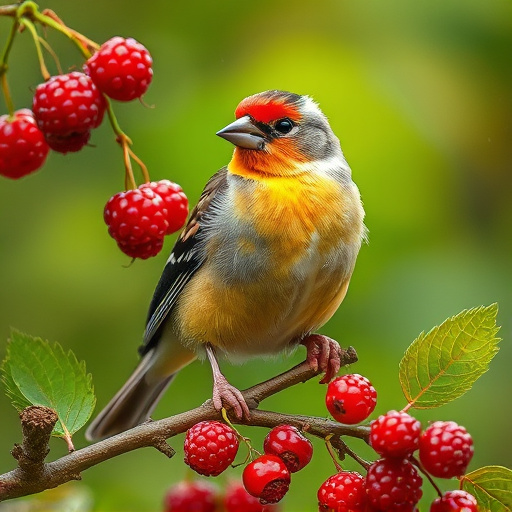 Finch perched beside berry-flavoured suet