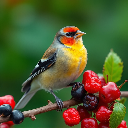 Finch perched beside berry-flavoured suet