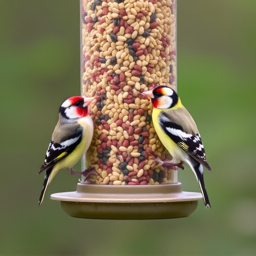 Finches feeding on nyjer seed feeder