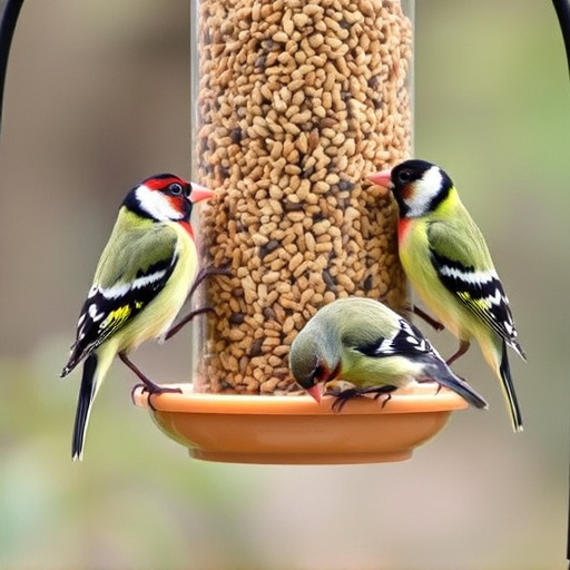 Finches feeding on nyjer seed feeder