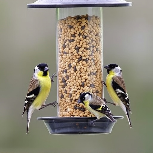 Finches feeding on nyjer seed feeder