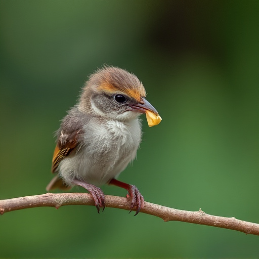 Fledgling bird receiving nutritious meal