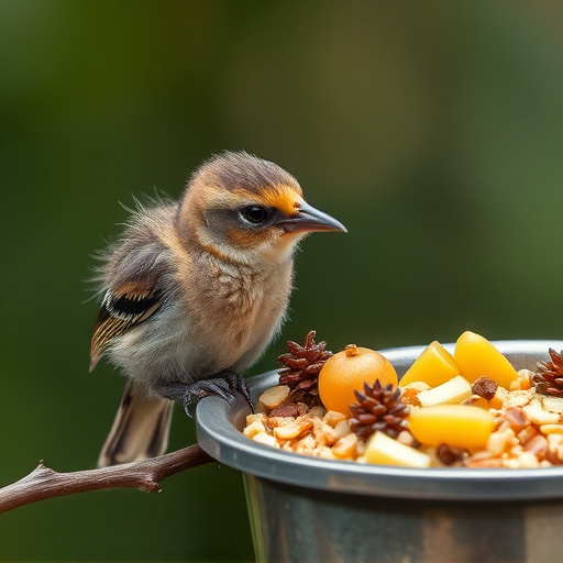Fledgling bird receiving nutritious meal