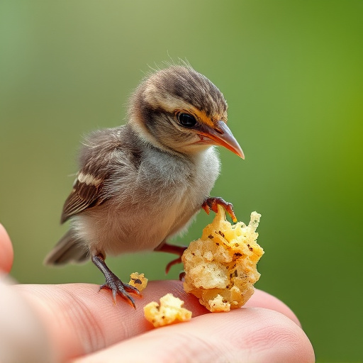 Fledgling bird receiving nutritious meal