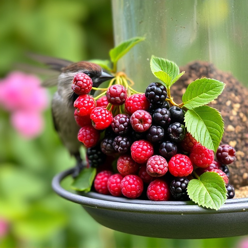 Fresh berries on garden bird feeder
