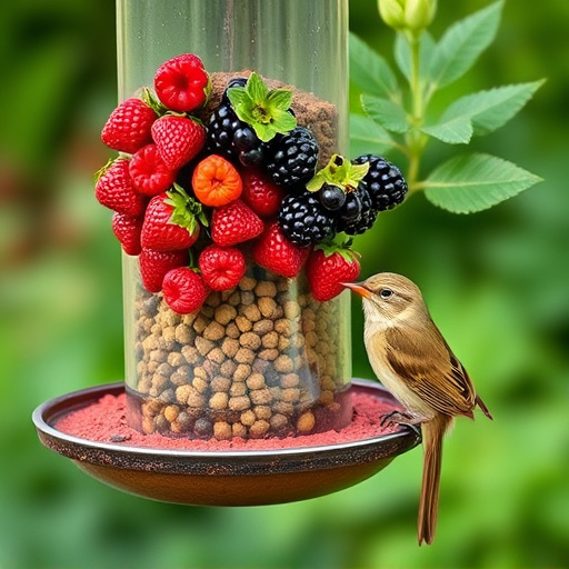 Fresh berries on garden bird feeder
