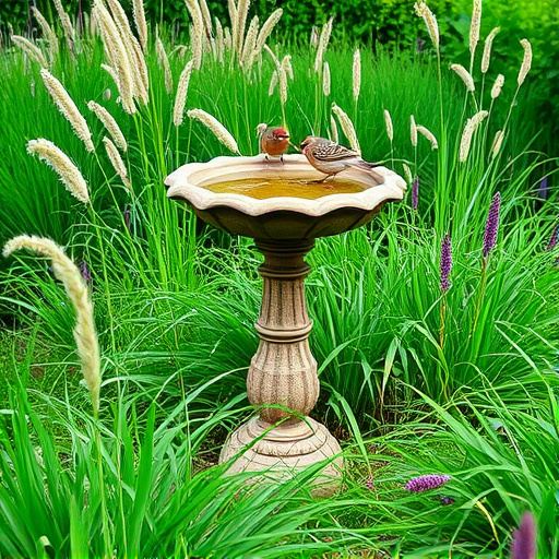 Garden bird bath surrounded by wild grass