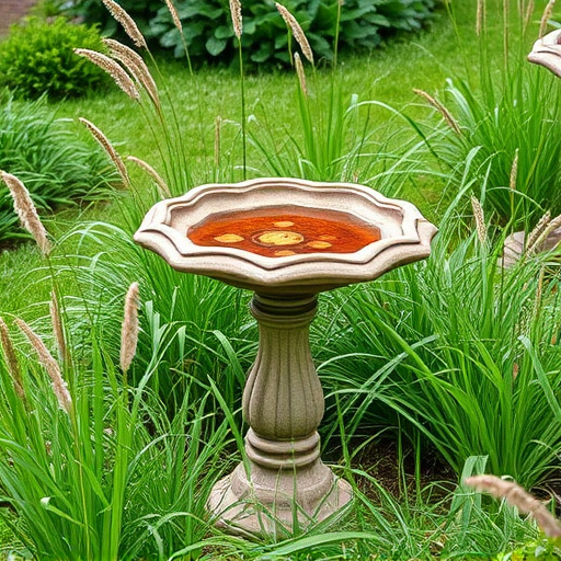 Garden bird bath surrounded by wild grass