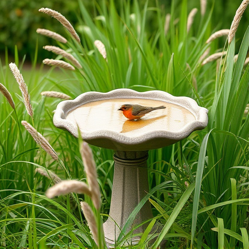 Garden bird bath surrounded by wild grass