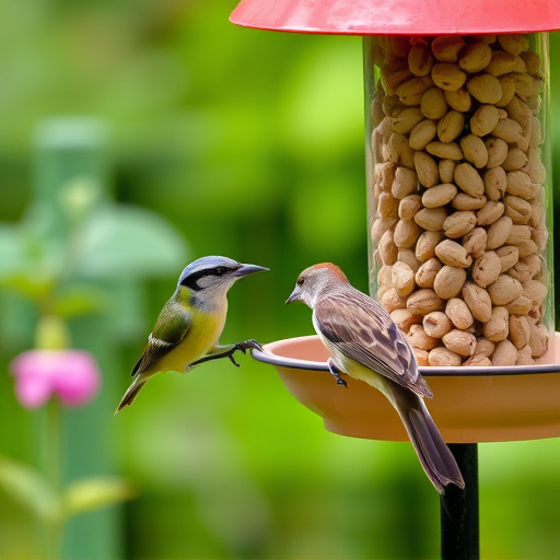 Garden bird pecking at hanging peanut feeder