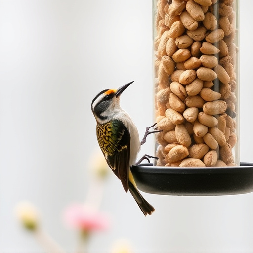 Garden bird pecking at hanging peanut feeder