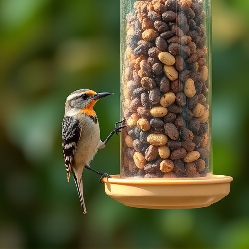 Garden bird pecking at hanging peanut feeder