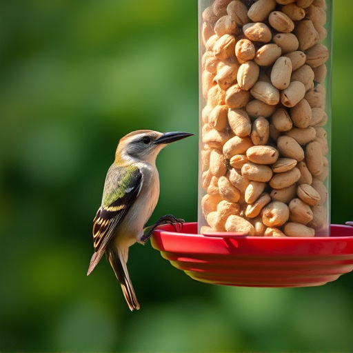 Garden bird pecking at hanging peanut feeder