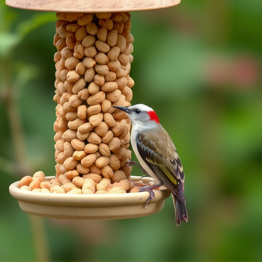 Garden bird pecking at hanging peanut feeder
