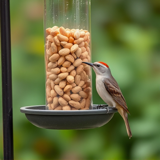 Garden bird pecking at hanging peanut feeder
