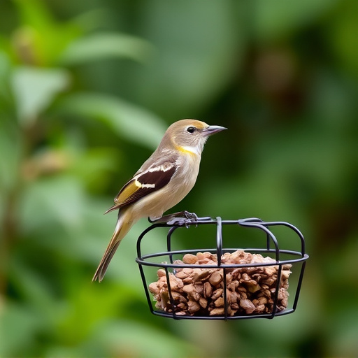 Garden bird perched on caged feeder