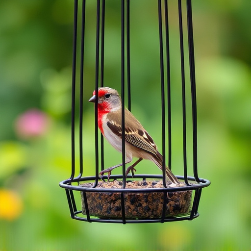 Garden bird perched on caged feeder