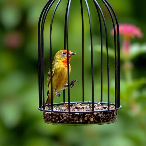 Garden bird perched on caged feeder