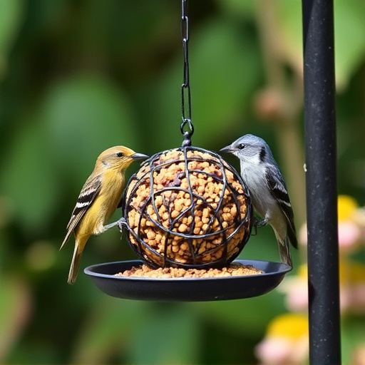 Garden birds feeding from suet ball feeder