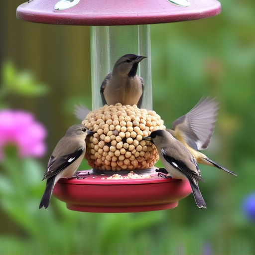 Garden birds feeding from suet ball feeder