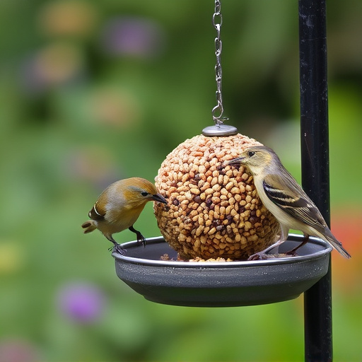Garden birds feeding from suet ball feeder
