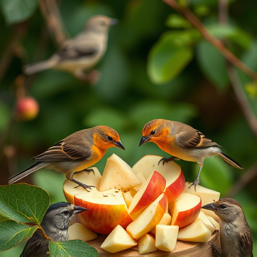 Garden birds feeding on chopped apple